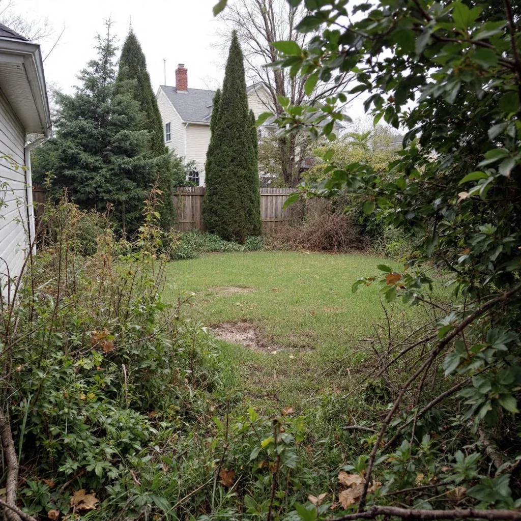 Overgrown backyard before landscaping